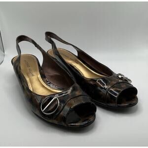 Antonio Melani Shoes Womens 8M Leopard Slingback Peep Toe Low Wedge Heel Slip On
